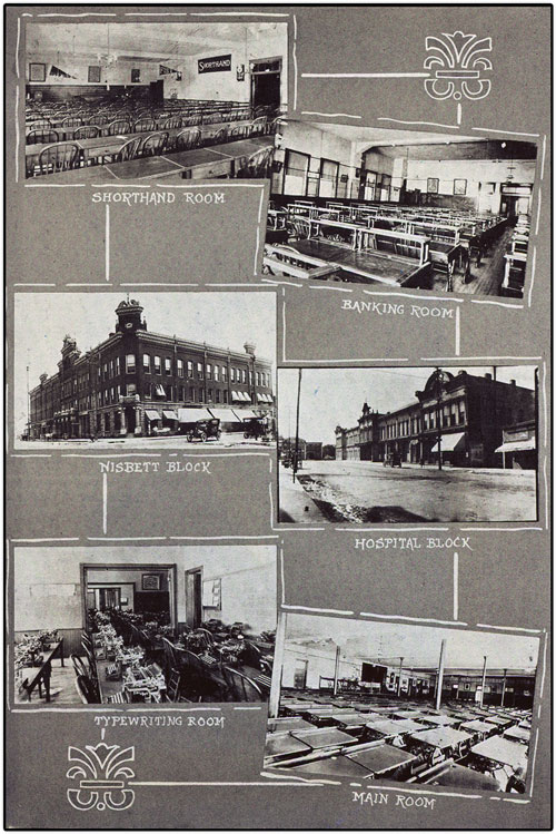 Collage from the 1914 Crimson and Gold Yearbook showing images of classrooms at the industrial school and downtown Big Rapids.
