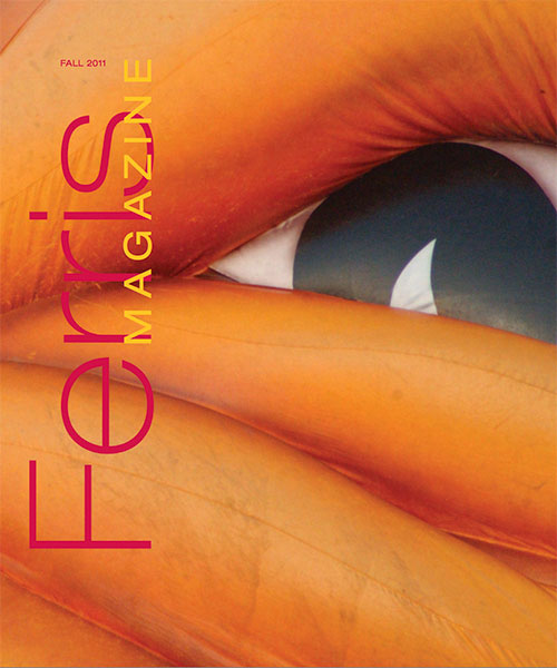 Cover of the Fall 2011 Ferris Magazine, featuring a close-up of the inflatable athletics Ferris Bulldog.