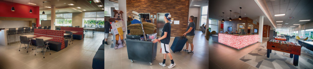 Ferris State’s new residence hall, North Hall, opened Aug. 28, 2017. Left: The new hall features a community kitchen. Center: Students and family members on move-in day, Aug. 28. Left: North Hall’s lobby features reception and game areas.