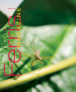 Cover of the Spring 2011 Ferris Magazine, featuring a close-up photo of a praying mantis on a leaf.