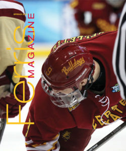 Cover of the Spring 2012 Ferris Magazine, featuring a photograph of a Ferris Hockey Player waiting for the puck to drop.