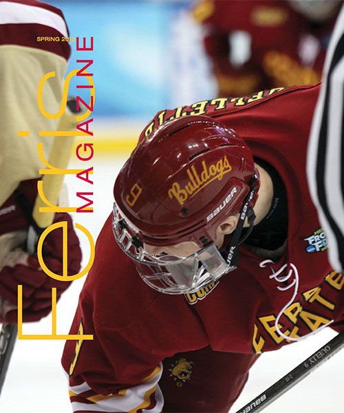 Cover of the Spring 2012 Ferris Magazine, featuring a photograph of a Ferris Hockey Player waiting for the puck to drop.