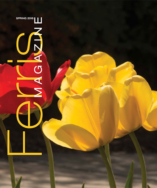 Cover of the Spring 2016 Ferris Magazine, featuring a close-up of red and gold flowers.