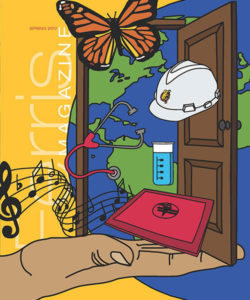 Cover of the Spring 2017 Ferris Magazine, featuring vector art that represent the feature stories within that edition.