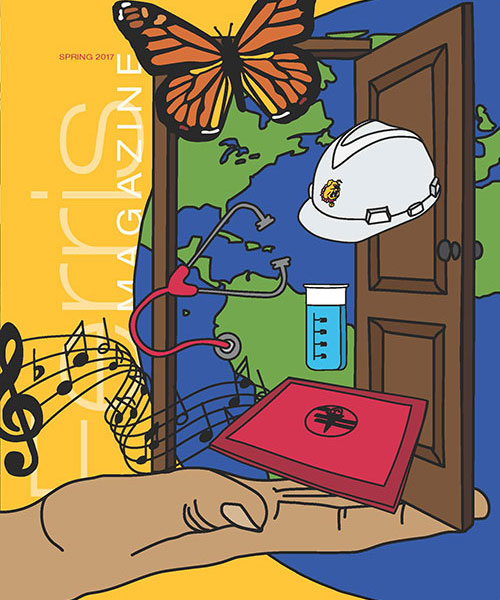Cover of the Spring 2017 Ferris Magazine, featuring vector art that represent the feature stories within that edition.