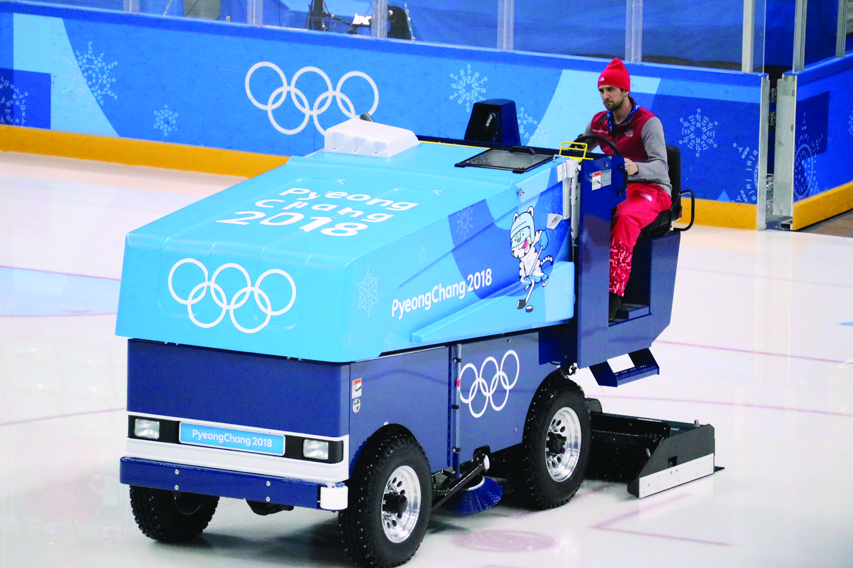 Ferris State Graduate Adam Strim on the Zamboni at the 2018 Winter Olympics in Pyeongchang.