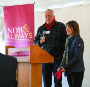 Ken Janke Jr. (left) and Kim Janke (right) addressed attendees at the April 28 ground breaking at Ferris’ Katke Golf Course.